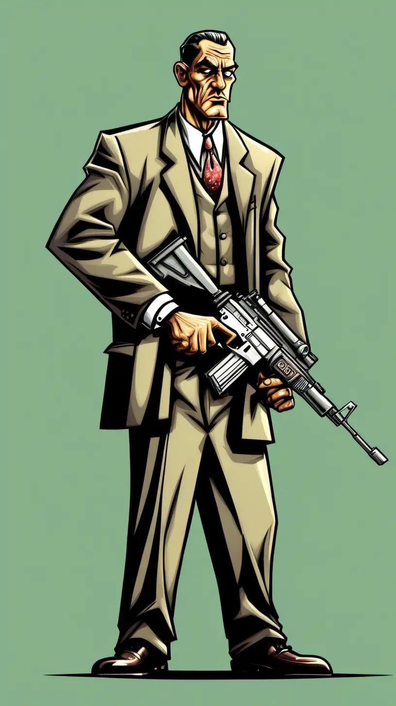 Cheerful 1940s Gangster with Machine Gun in Colorful Cartoony Style