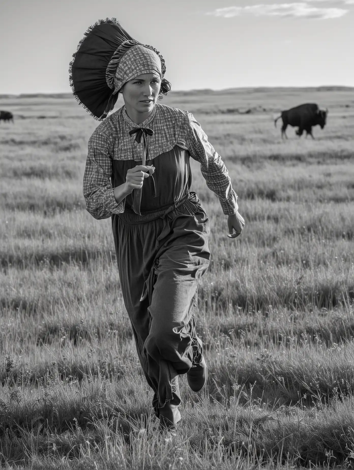 Pioneer Woman Running Through BuffaloFilled Prairie in Black and White