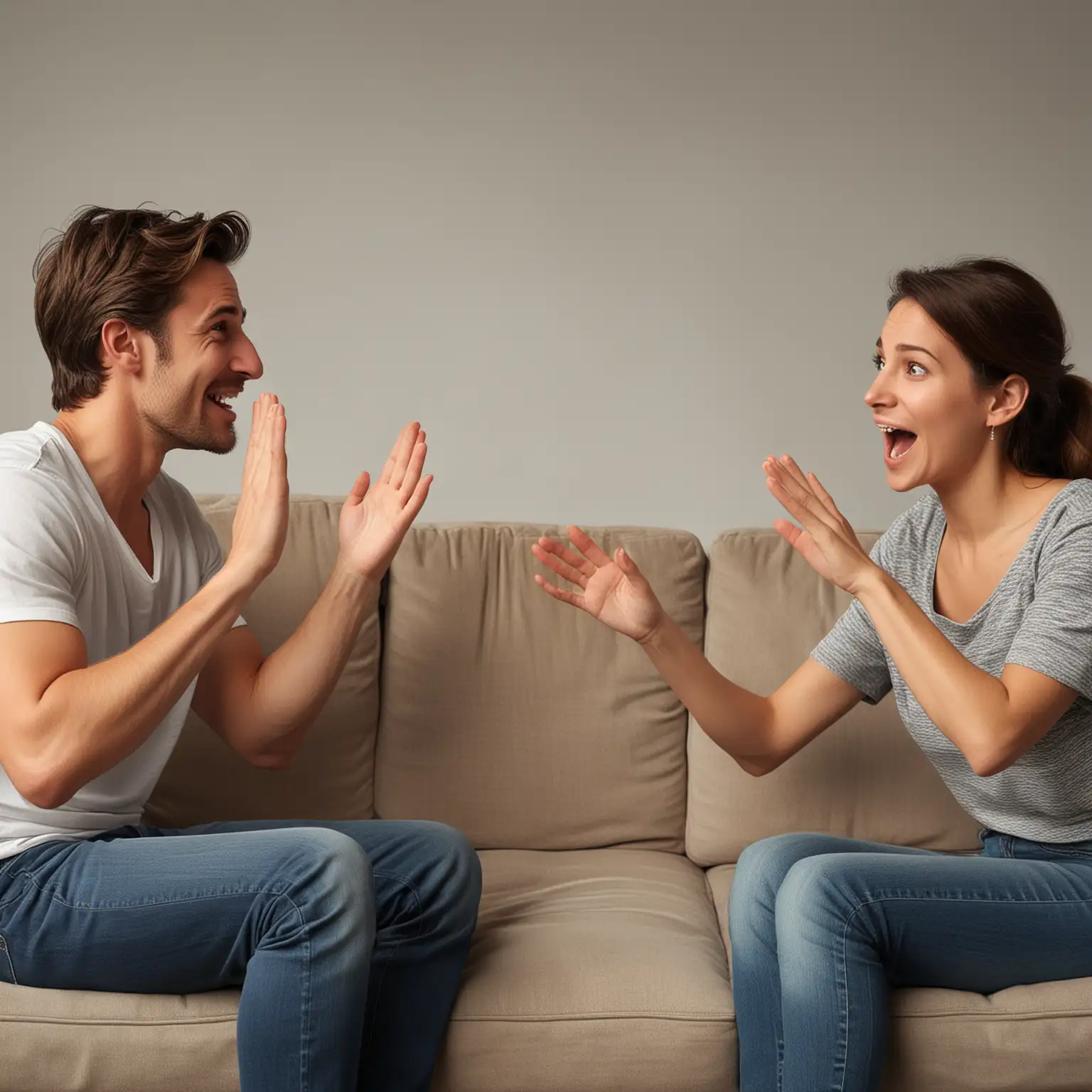 "A detailed and realistic image capturing a moment of deep conversation between a couple. One partner is gesturing with their hands, showing emotion, while the other is closely observing these gestures and facial expressions, indicating an understanding beyond words. The setting should be intimate, perhaps on a living room couch, to emphasize closeness."