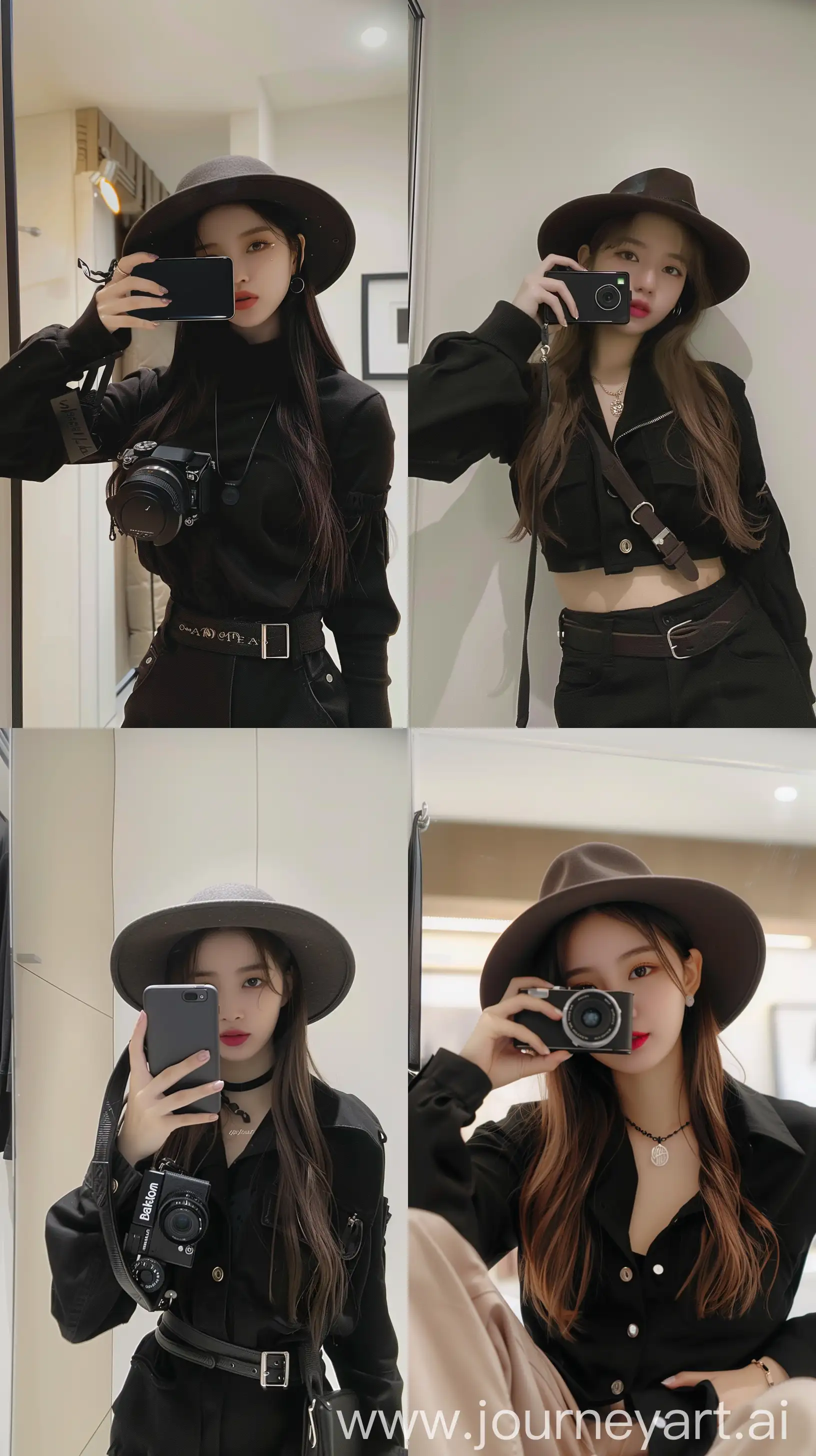 a blackpink's jennie,aestethic mirror selfie with a camera, wearing cute black clothes, flat hat, aestethic make up --ar 9:16