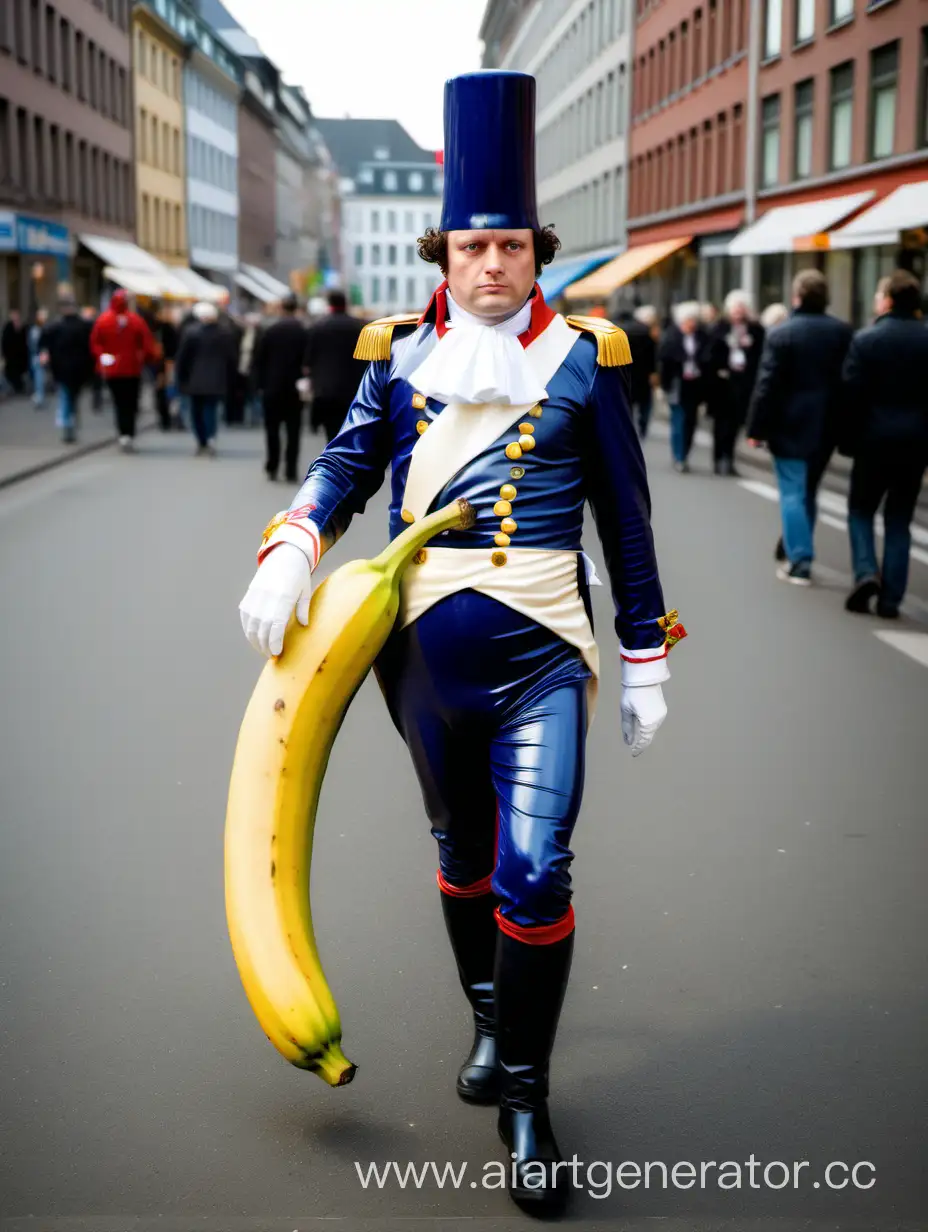 Napoleon-Impersonator-Strolling-Hamburg-Streets-with-a-Banana