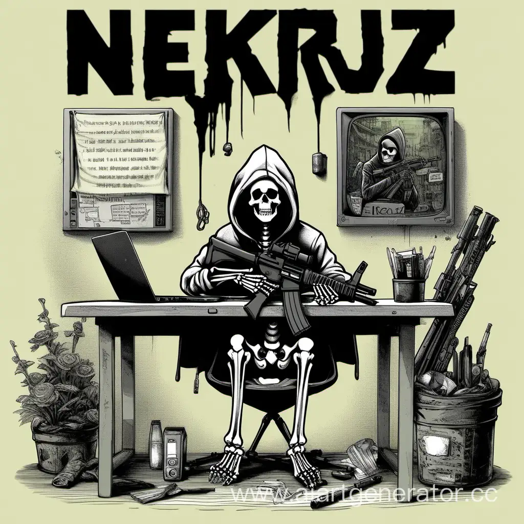 Cкелет в кофте сидит на компьютере за столом, на заднем фоне весит автомат, а на кофте надпись NEKRUZ