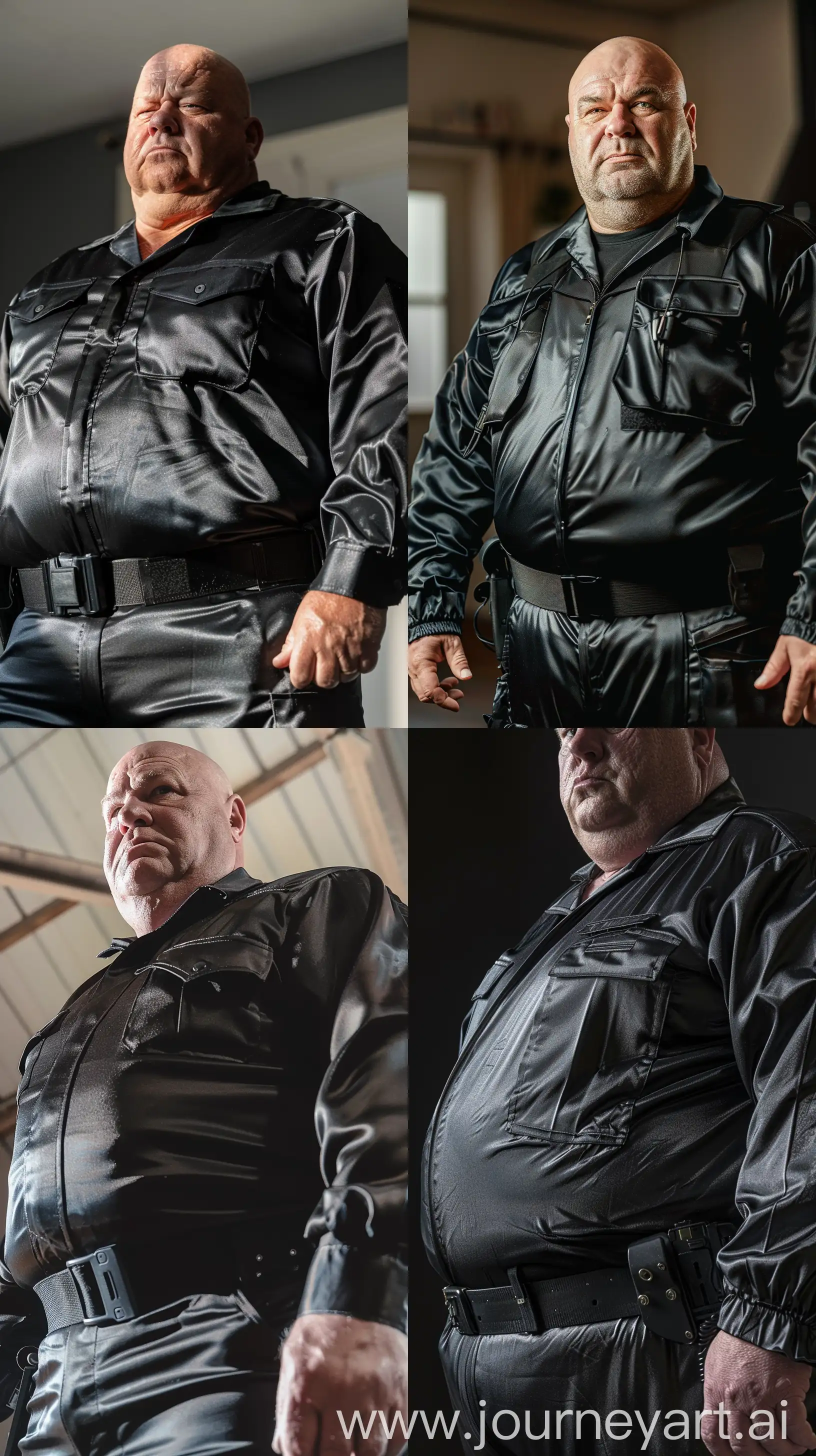 High-angle close-up photo of a fat man aged 60 wearing a silk black security guard skinny-fitted full coverall. Black tactical belt. Bald. Clean Shaven. Natural light. --style raw --ar 9:16