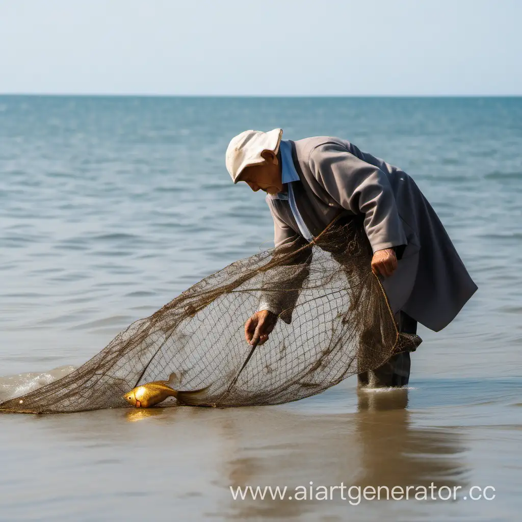 бедный старик вытащил крупное сетное отцеживающее орудие лова из моря, в котором лежит одна небольшая золотая рыбка, на фоне изображения пустое море, дневное время суток