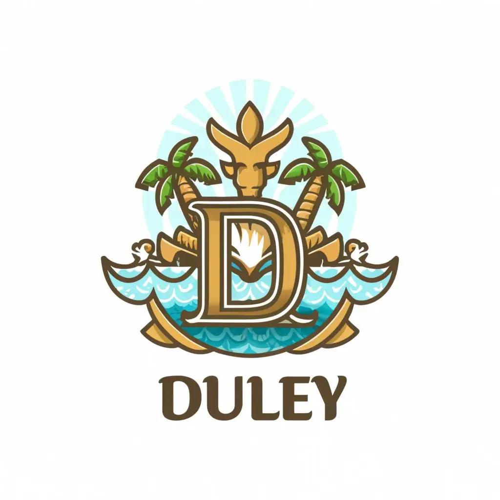 a logo design,with the text "Duley", main symbol:Add in a summer island with a letter "D" style aquatic with Poseidon behind,complex,clear background
