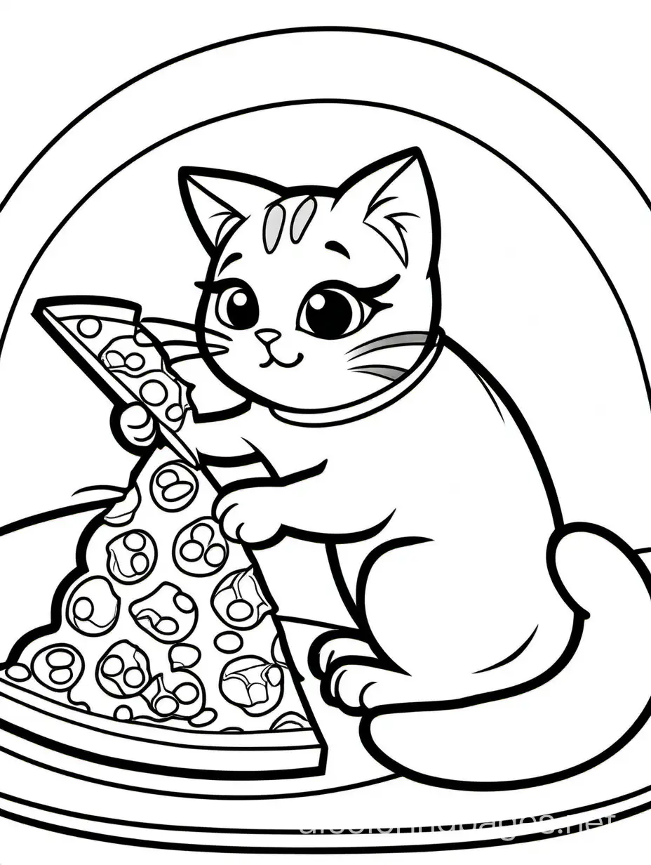 a cat eating a slice of pizza, Coloring Page, black and white, line art, white background, Simplicity, Ample White Space. The background of the coloring page is plain white to make it easy for young children to color within the lines. The outlines of all the subjects are easy to distinguish, making it simple for kids to color without too much difficulty