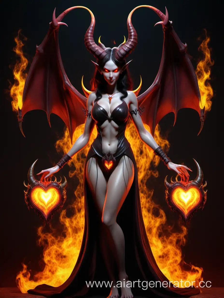 A female succubus with yellow eyes and full-length horns.  Hellfire develops instead of hair. She uses the magic of love. There is an aura of the heart around her.