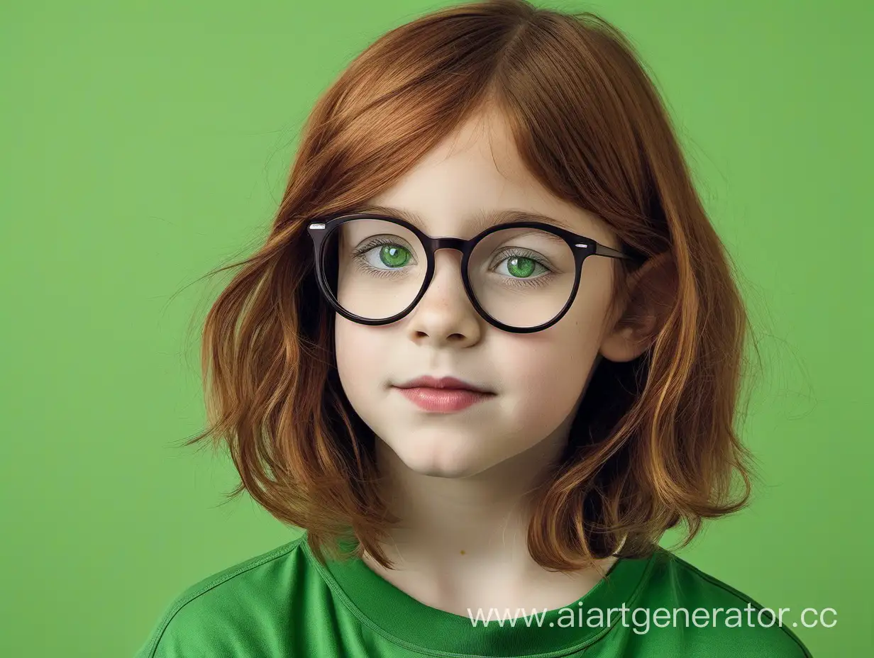 Девушка с каштановыми волосами до плеч, в очках и с зелеными глазами