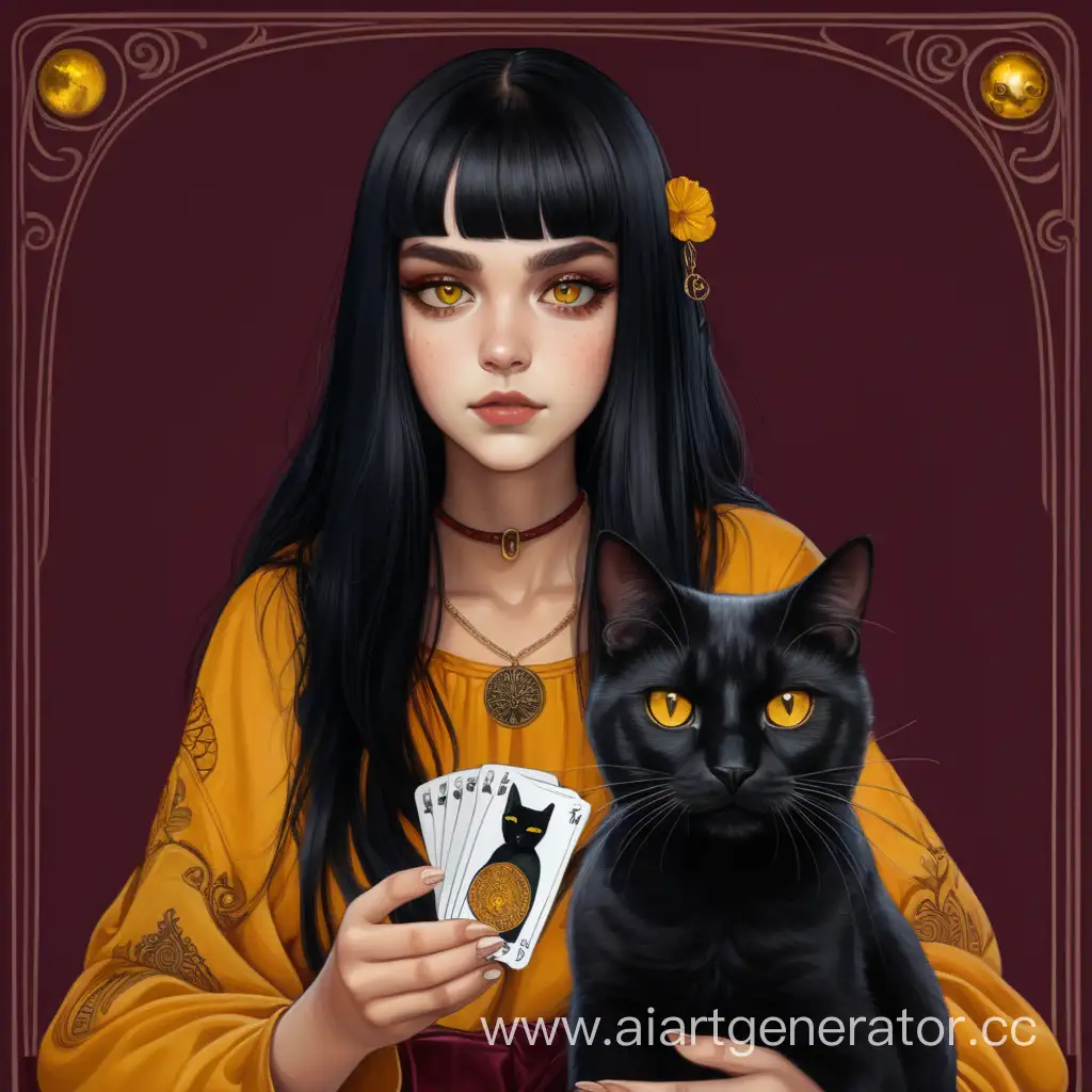 Девушка с черными волосами и карими глазами. Девушка держит в руках карты таро, рядом с ней сидит черная кошка с желтыми глазами.
Бордовый фон