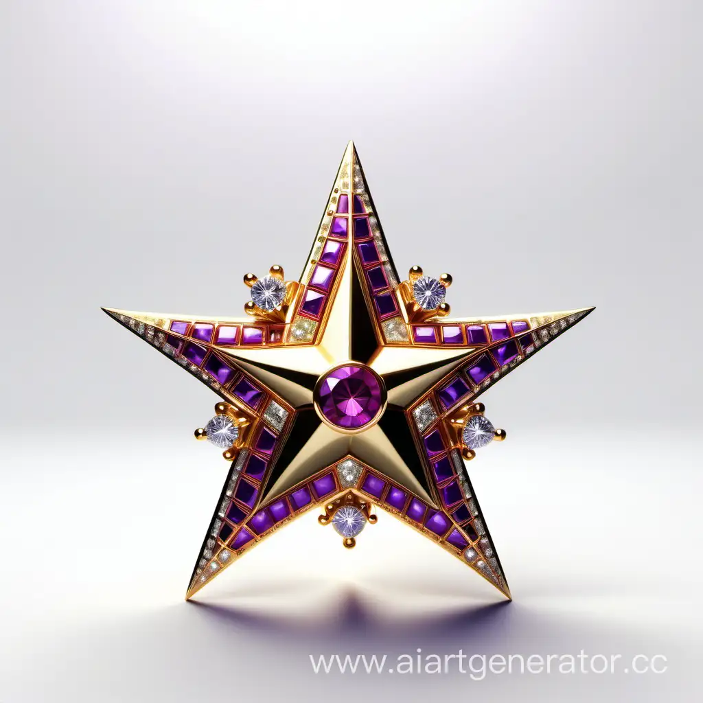 Золотая пятиконечная звезда, по периметру которой расположены бриллианты и фиолетовые рубины, фотореалистично, высокое разрешение, 8к, на белом чистом фоне