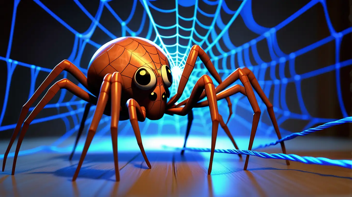 a radioactive spider walking along a glowing blue string moving towards the viewer.  A large spiderweb in the background gradually moving towards the spider.