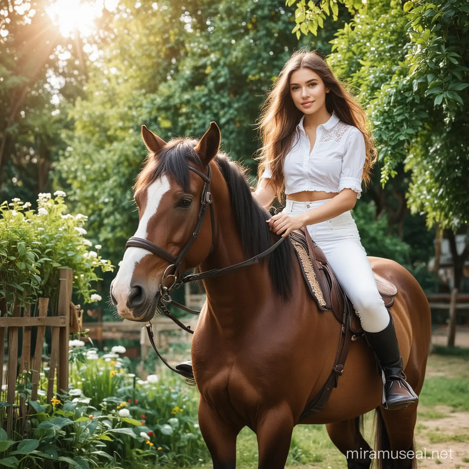Beautiful girl sit on horse in the garden