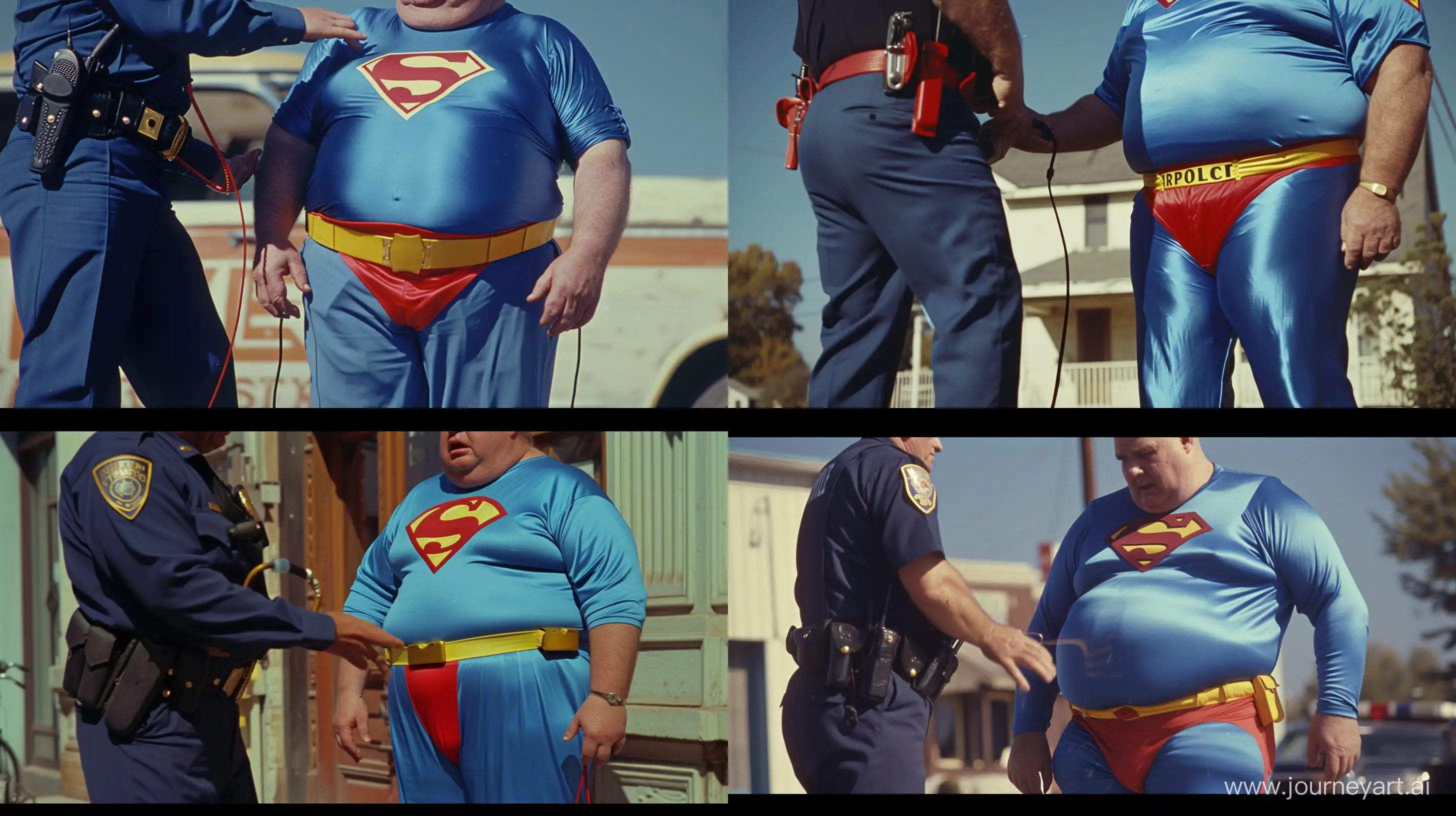 Close-up photo of a fat man aged 60 wearing a silk navy police officer. Tasing a fat man aged 60 wearing a tight blue silk 1978 superman costume. Blue shirt, blue pants, red trunks, yellow belt, red boots. Outside. --style raw --ar 16:9
