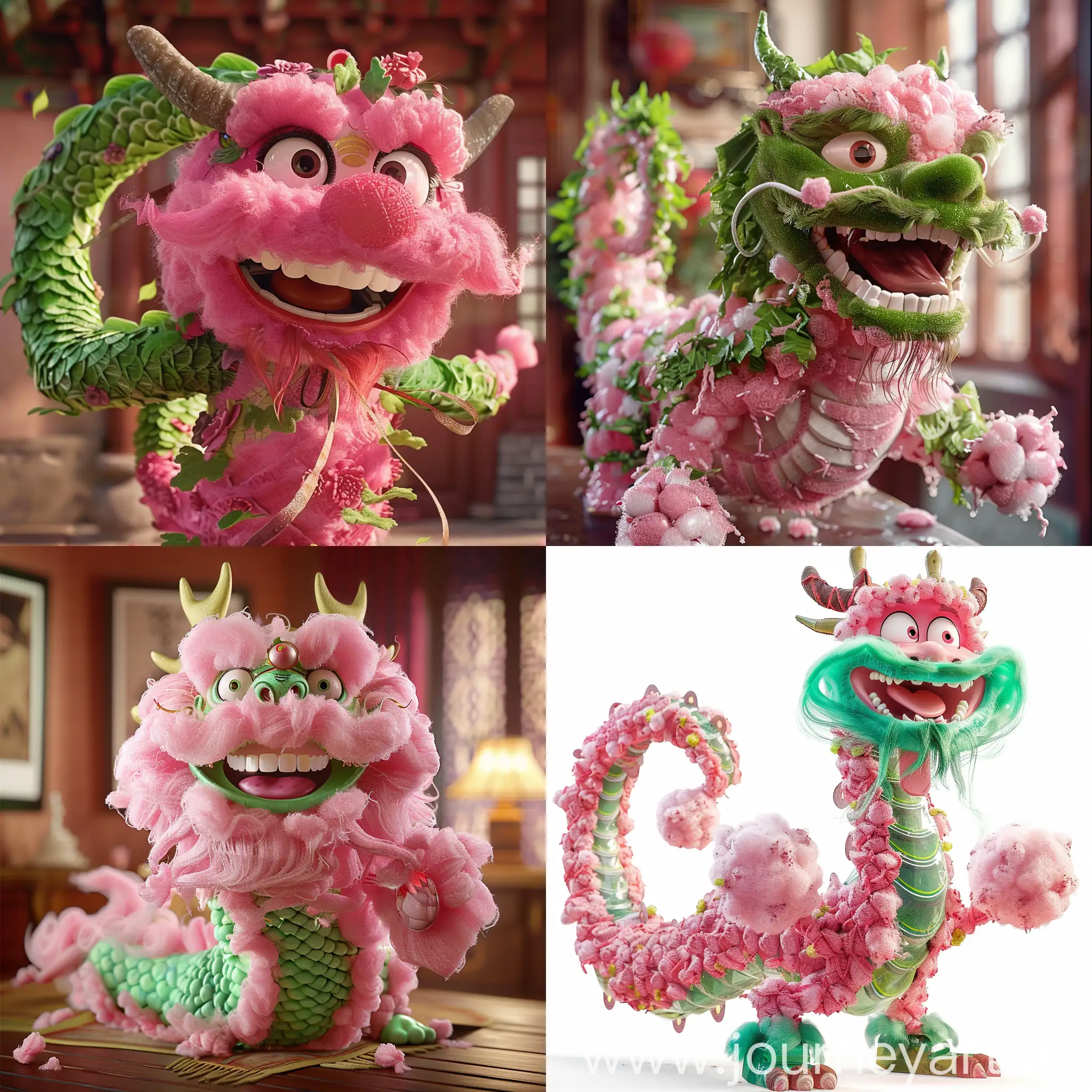  Pixar animation style, a pink green Chinese dragon, made of cotton candy material, with a happy expression