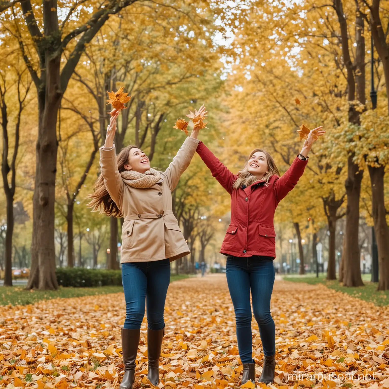 Playful mother and daughter throwing autumn leaves in park


