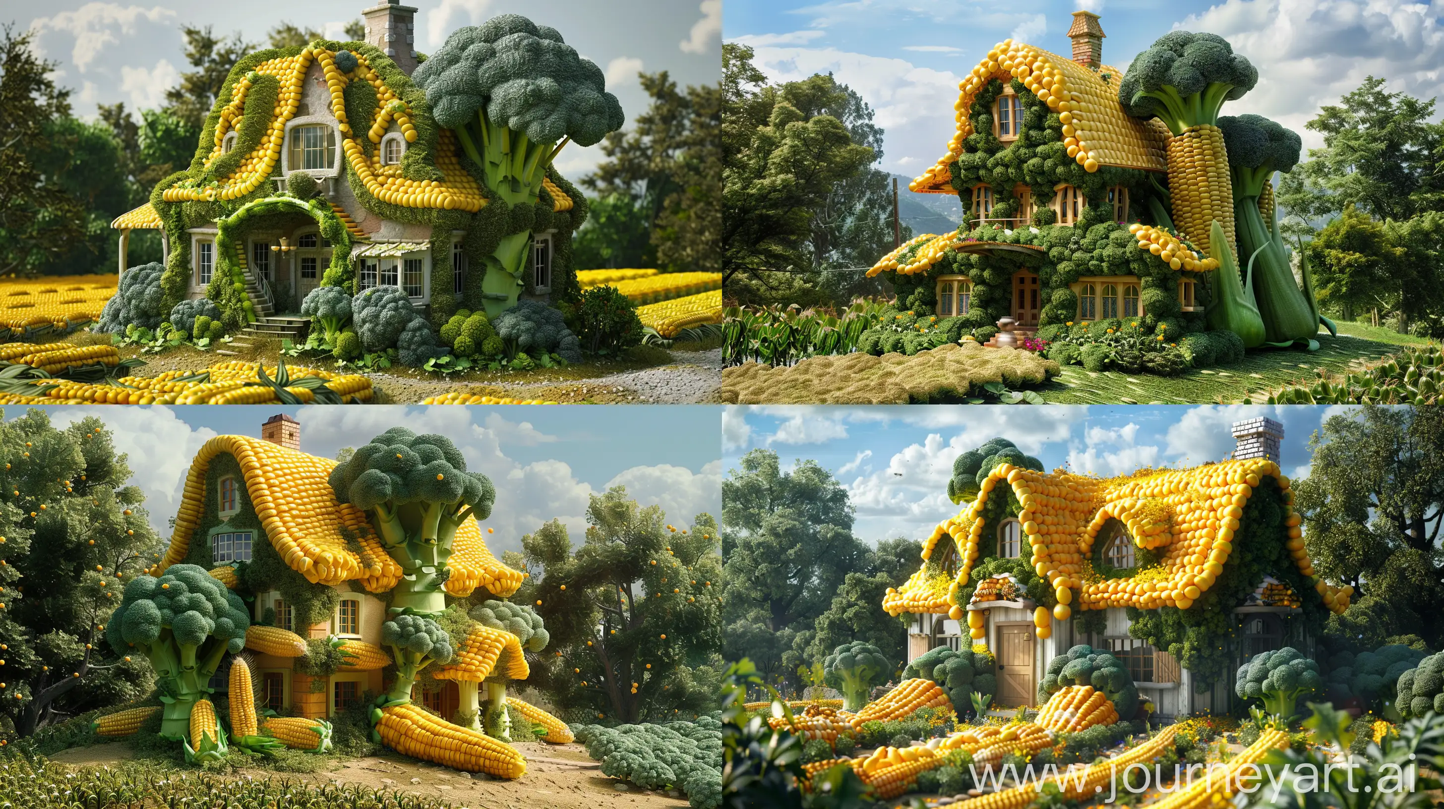 big house in the shape of corn and broccoli, in the paradise, fantasy style, beautiful, realistic --ar 16:9