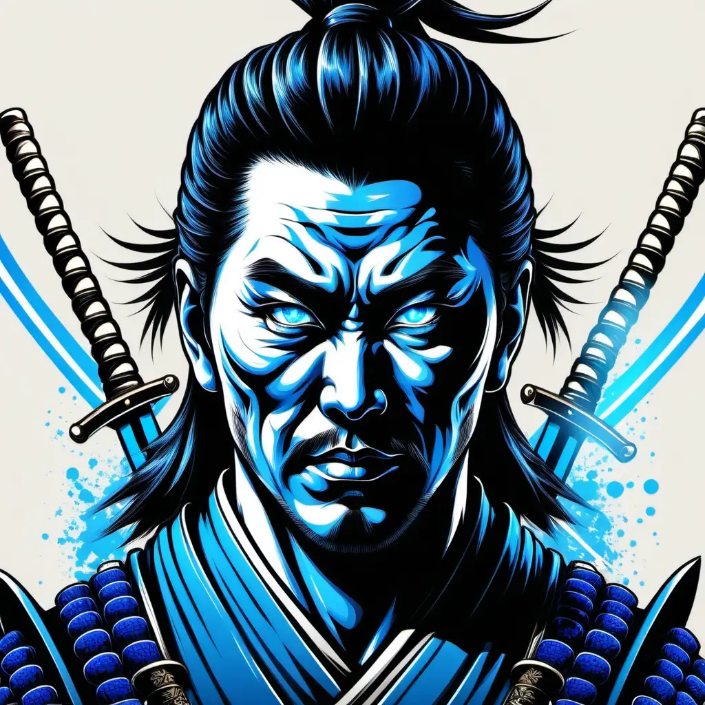 Samurai mit Blauen Schwerten und Einem Strahlend blauen Auge Porträt vektor 
