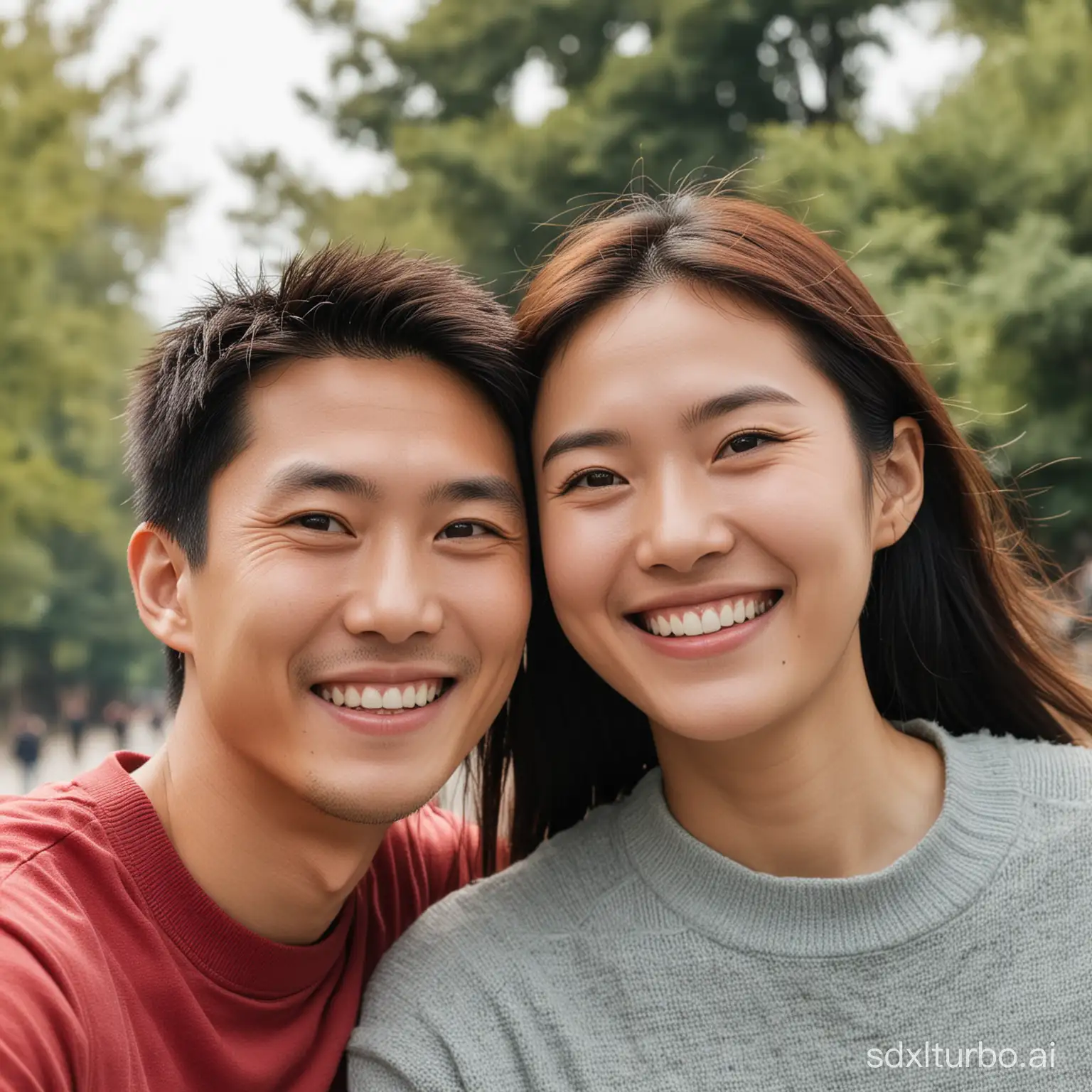 A pair of Chinese lovers show happy smiles in front of the camera.