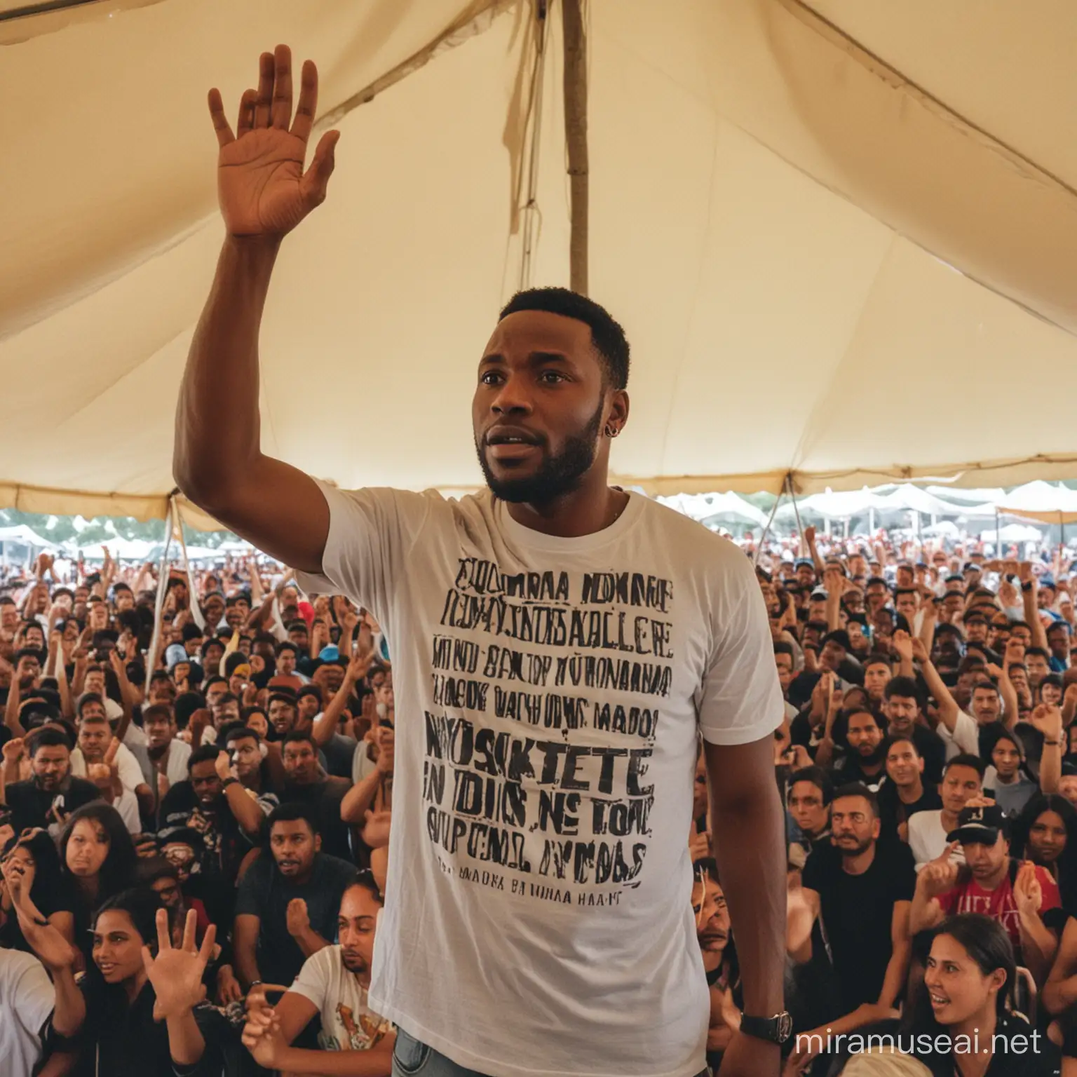 A man wearing a t-shirt written TUMANA NIKULETEE standing in a tent full of people waving at people. He must be a black man
