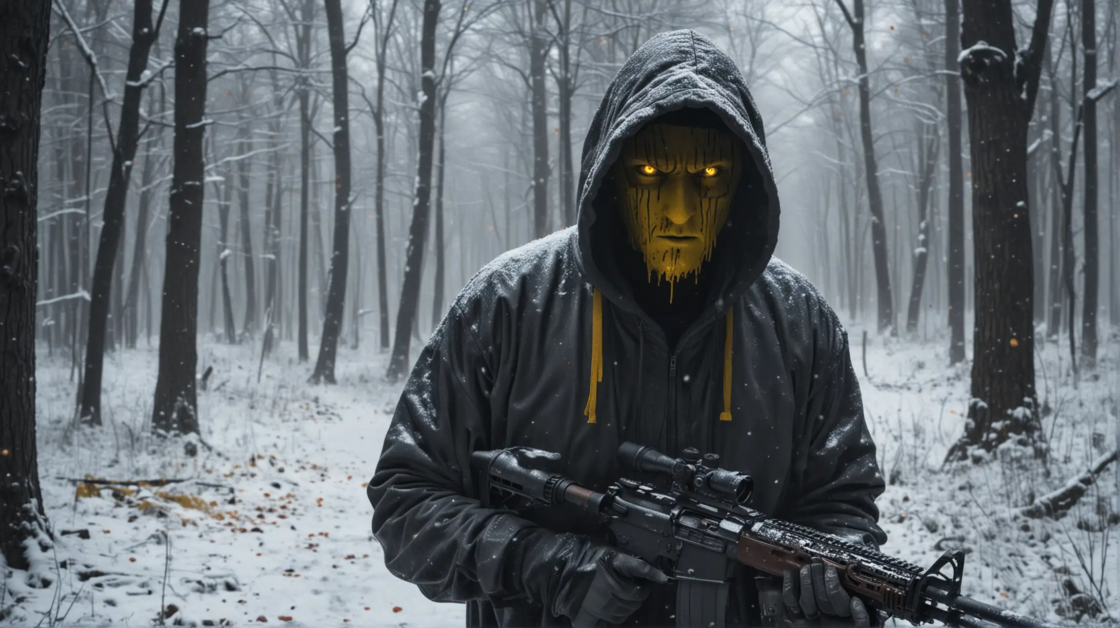 A guys with a hoody on and a rifle staring into the dark woods , there is snow and blood everywhere. On the background there here is a scary creature looking with shiny yellow eyes 

Erie atmosphere 