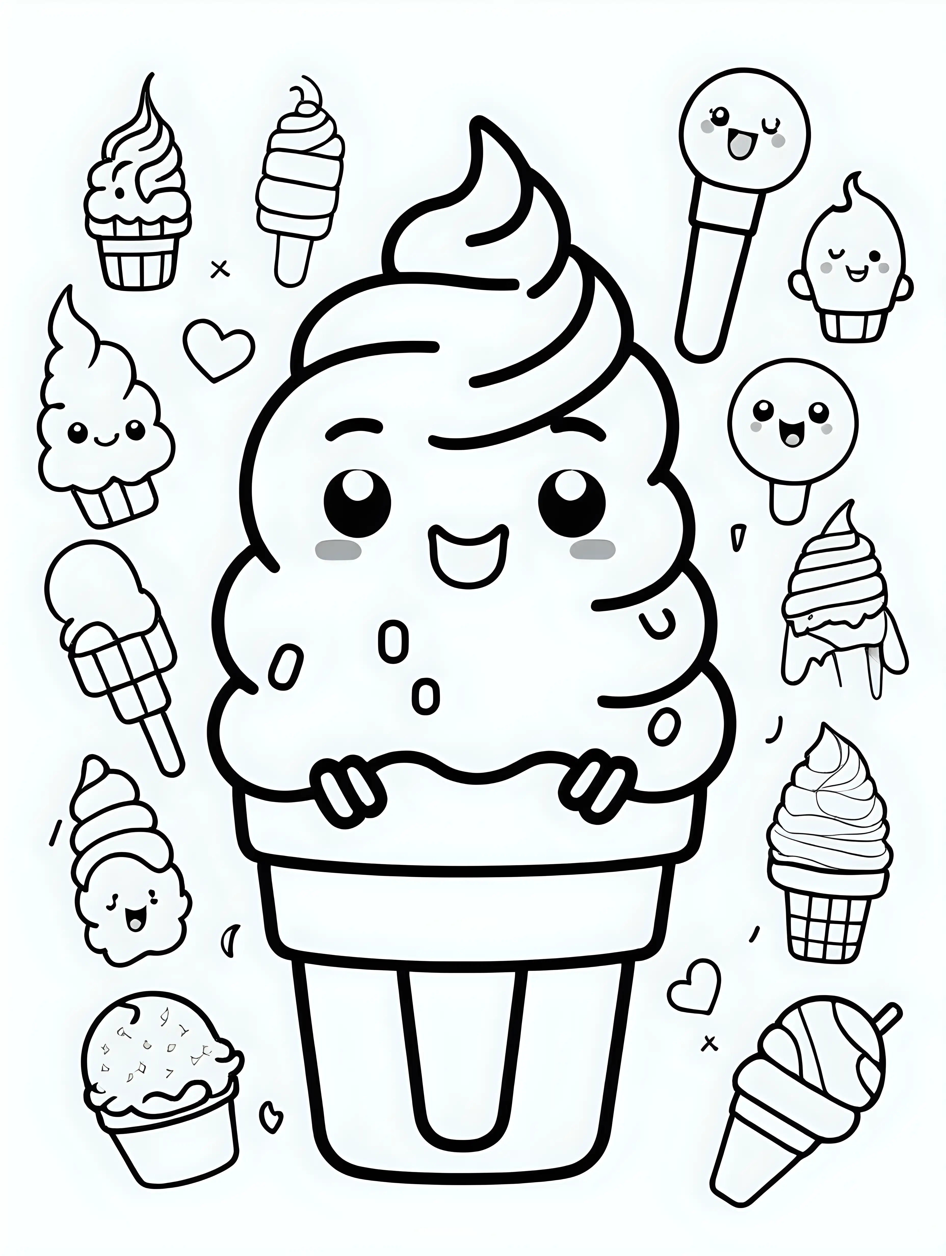Adorable Cartoon Coloring Cute Ice Cream and Emojis on a Clean White Background