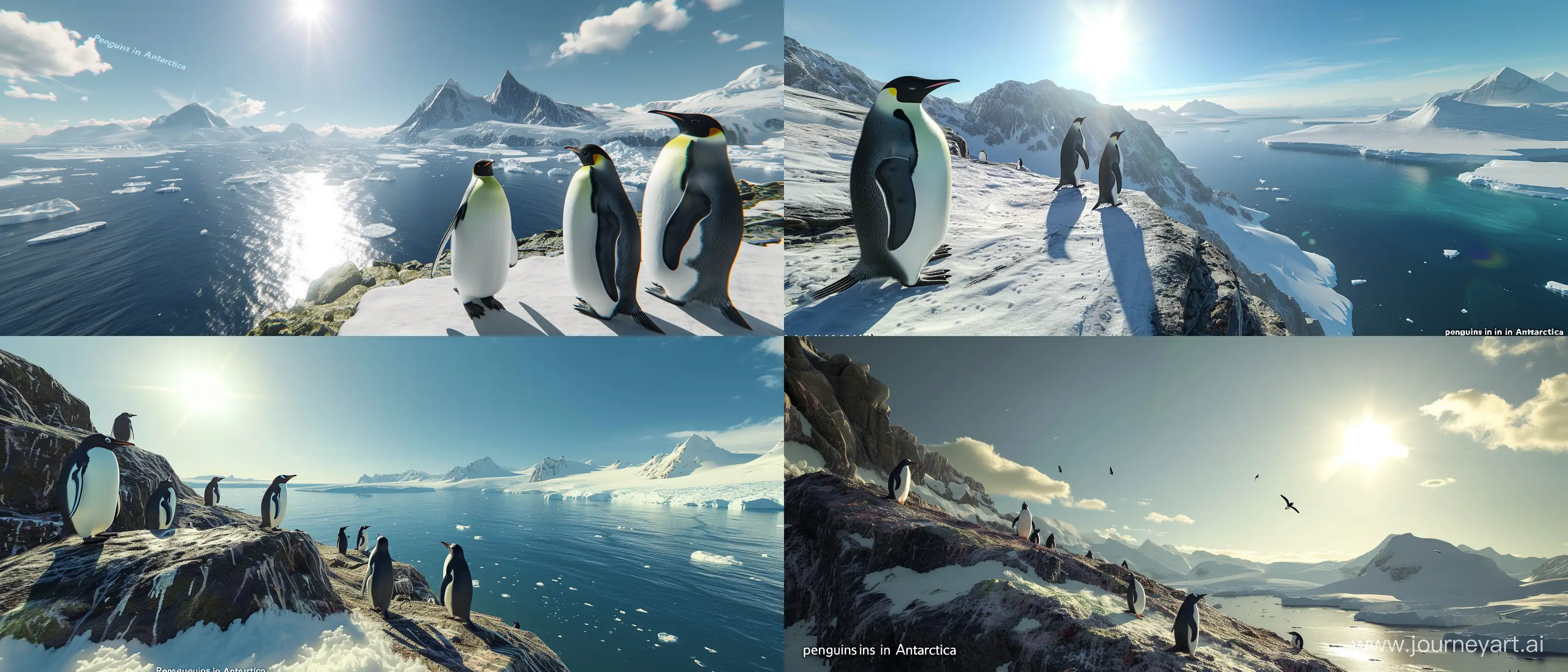 photo taken from a very high height from top to bottom of the “penguins in Antarctica” landscape; sunny day; using all the graphic, lighting, design and scenery techniques of the most hyper-realistic and current animations of the last generation; Ray tracing at an absurd level; 32k; better CGI; advanced lighting techniques; cinematic style; all parts of the image must be in the highest possible quality, 32k; --ar 21:9 --v 6.0