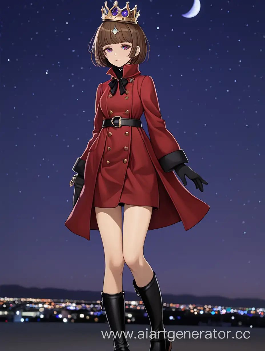 1girl, bangs, black footwear, boots, breasts, brown hair, closed mouth, coat, crown, dress, full body, hair over one eye, jewelry, long sleeves, looking at viewer, mole, mole under eye, night sky, purple eyes, red dress, rita rossweisse, short hair, sky, solo, thigh boots, thighhighs