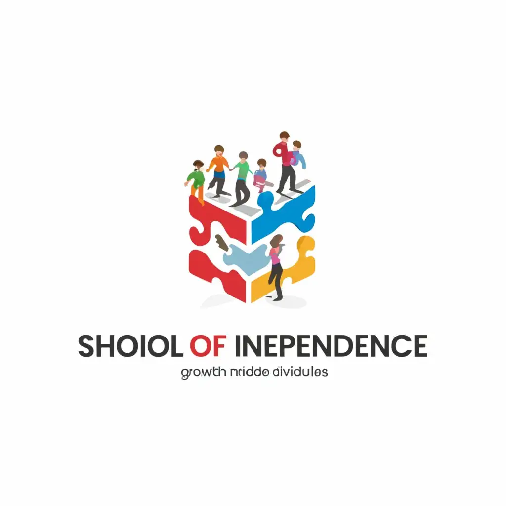 a logo design,with the text "school of independence", main symbol:school, puzzles, little people,Moderate,clear background