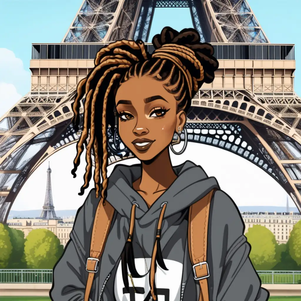 Stylish Cartoon College Fashion Black Girl with Dreads at the Eiffel Tower