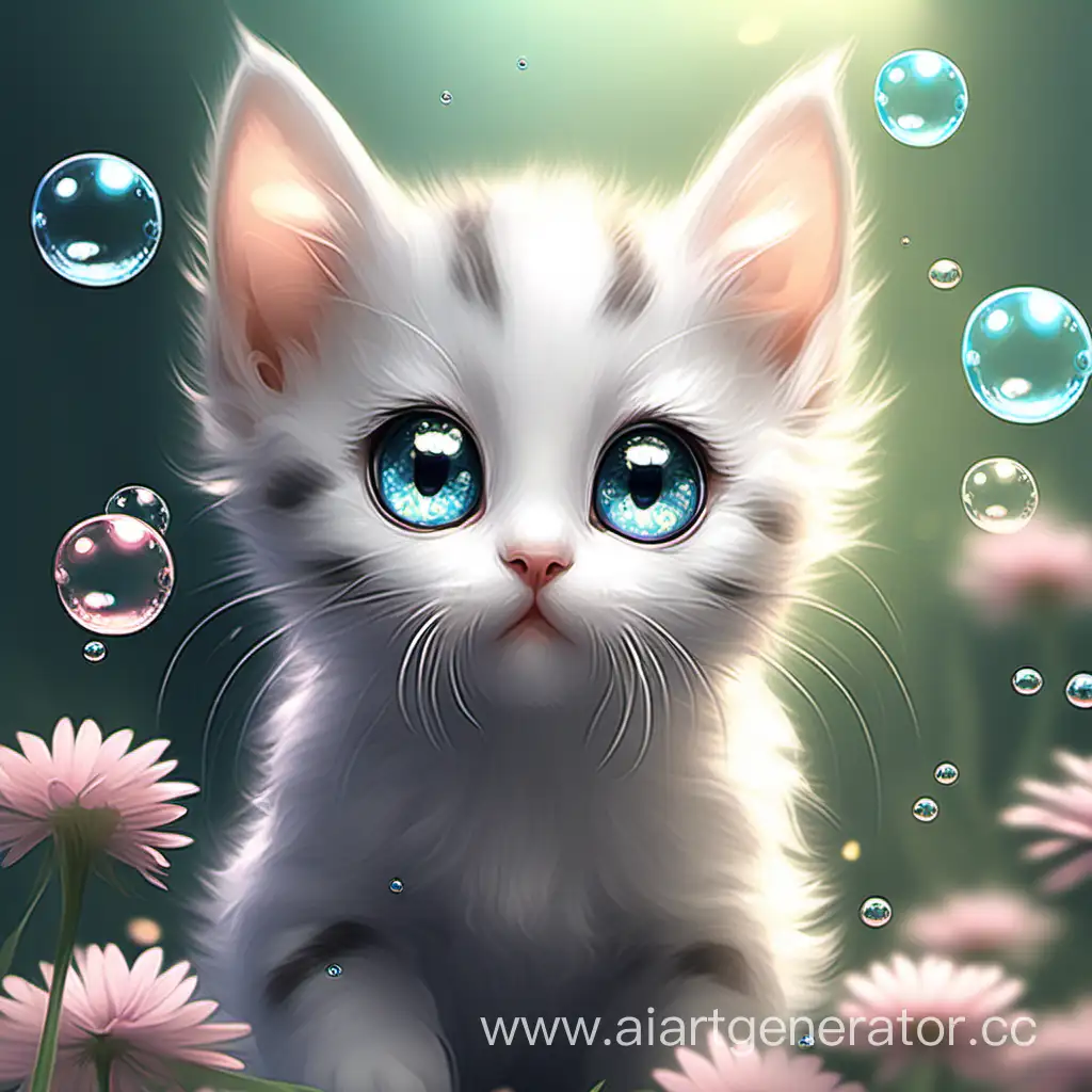 Котенок с большими глазами рядом пузыри мыльные а в них цветочек