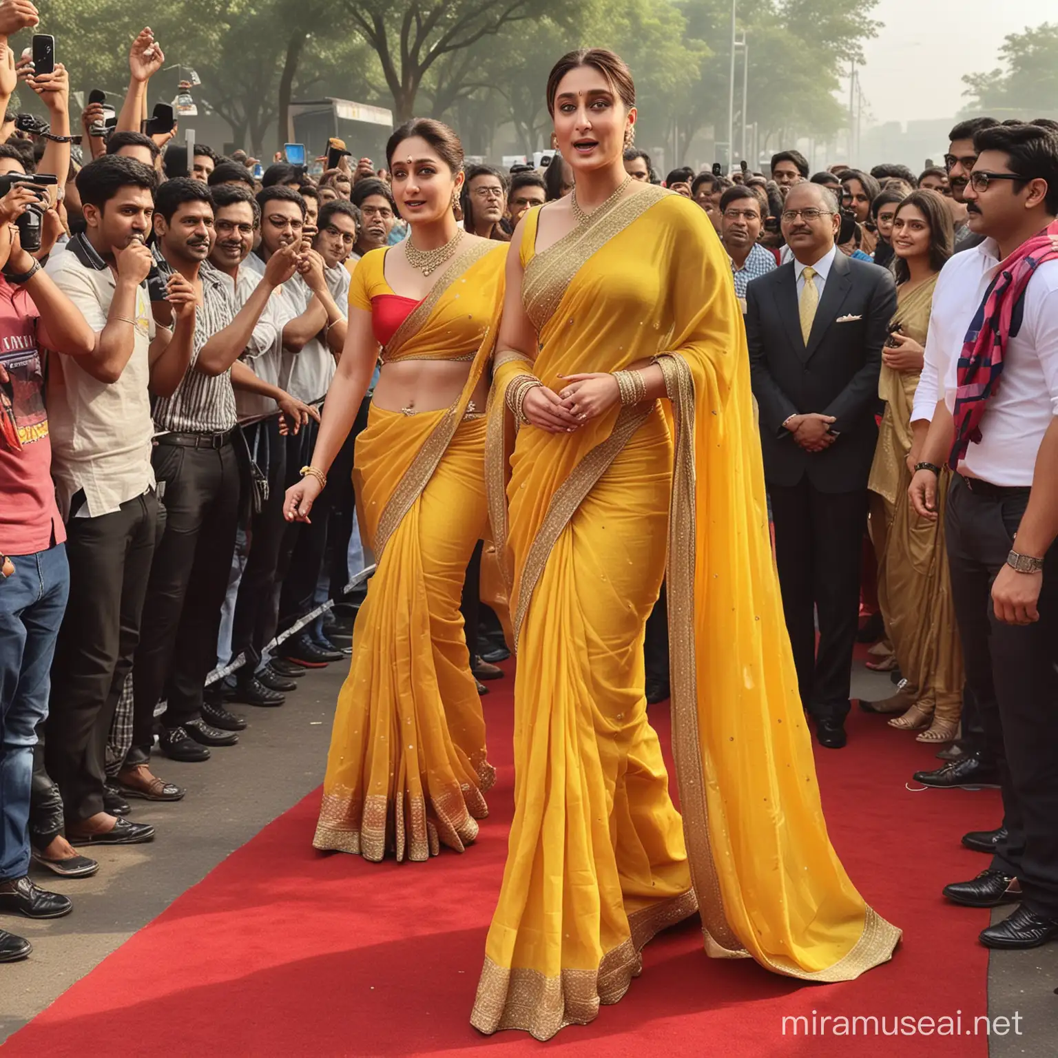 Generate an image showing Bollywood superstar kareena kapoor in yellow saree  on the red carpet, superhero Captain America providing security to kareena kapoor, pushing back the crowd