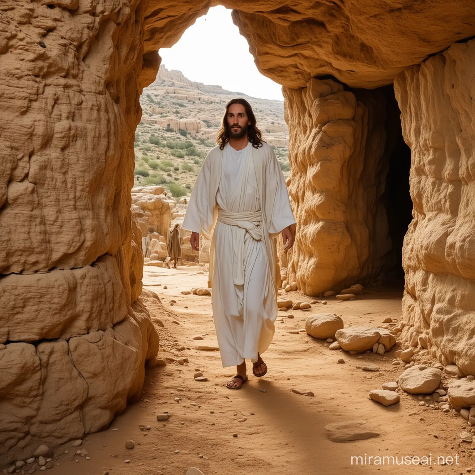 Jesus Exiting Cave Tomb with Peaceful Jewish Appearance