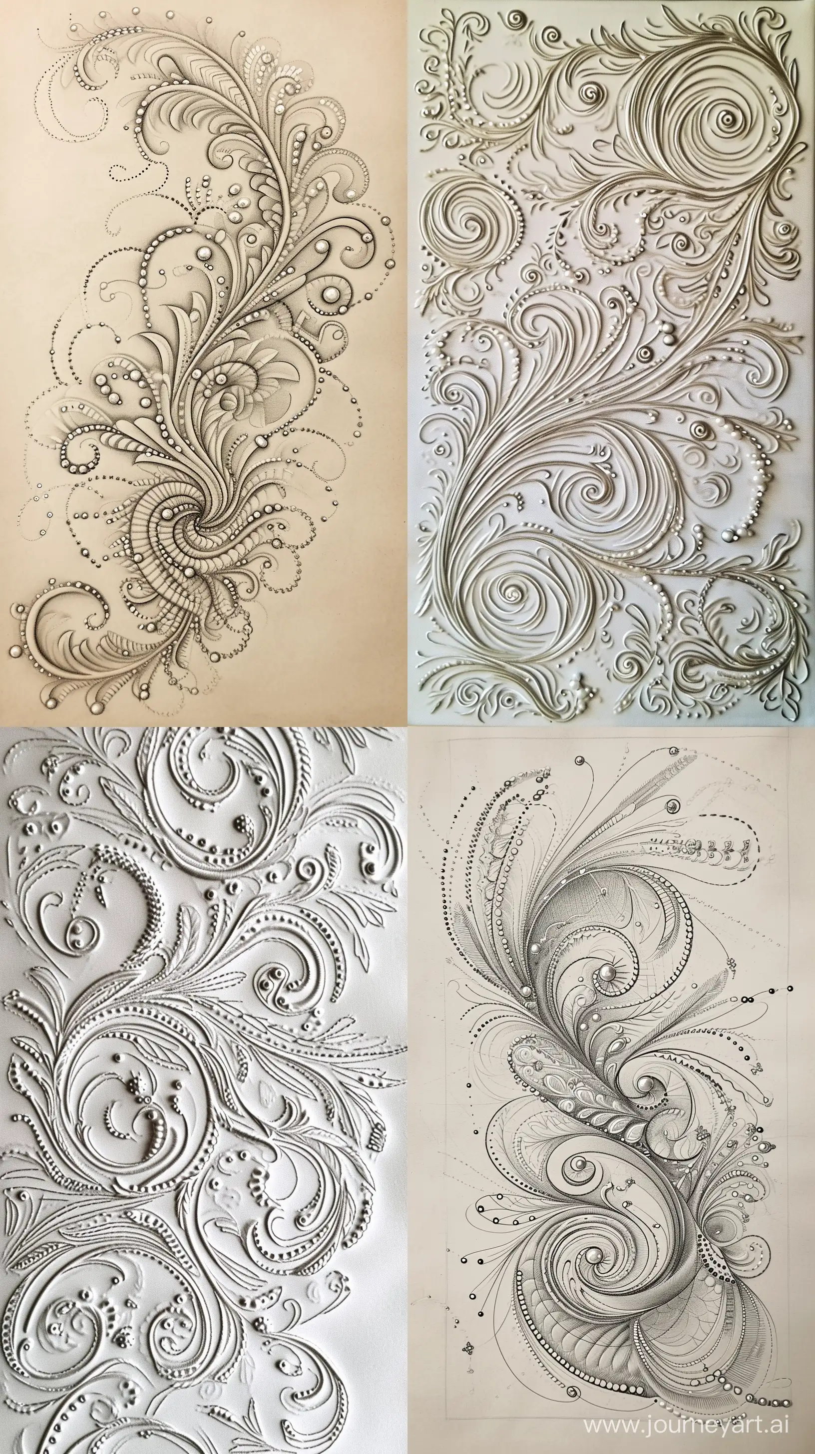 make image, a beautiful sketch piece of embroidery . The embroidery has patterns that swirl and curve symmetrically. There are also small pearls that add more detail and elegance to the design, the embroidery is very intricate and ornate, and it reflects a rich cultural heritage and artistic skill  8K --ar 9:16 --stylize 80 --v 6