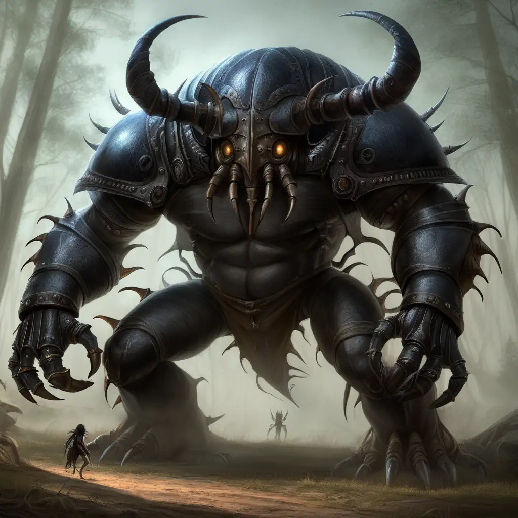 Krom, the dark beetle, giant monster, hunts humans