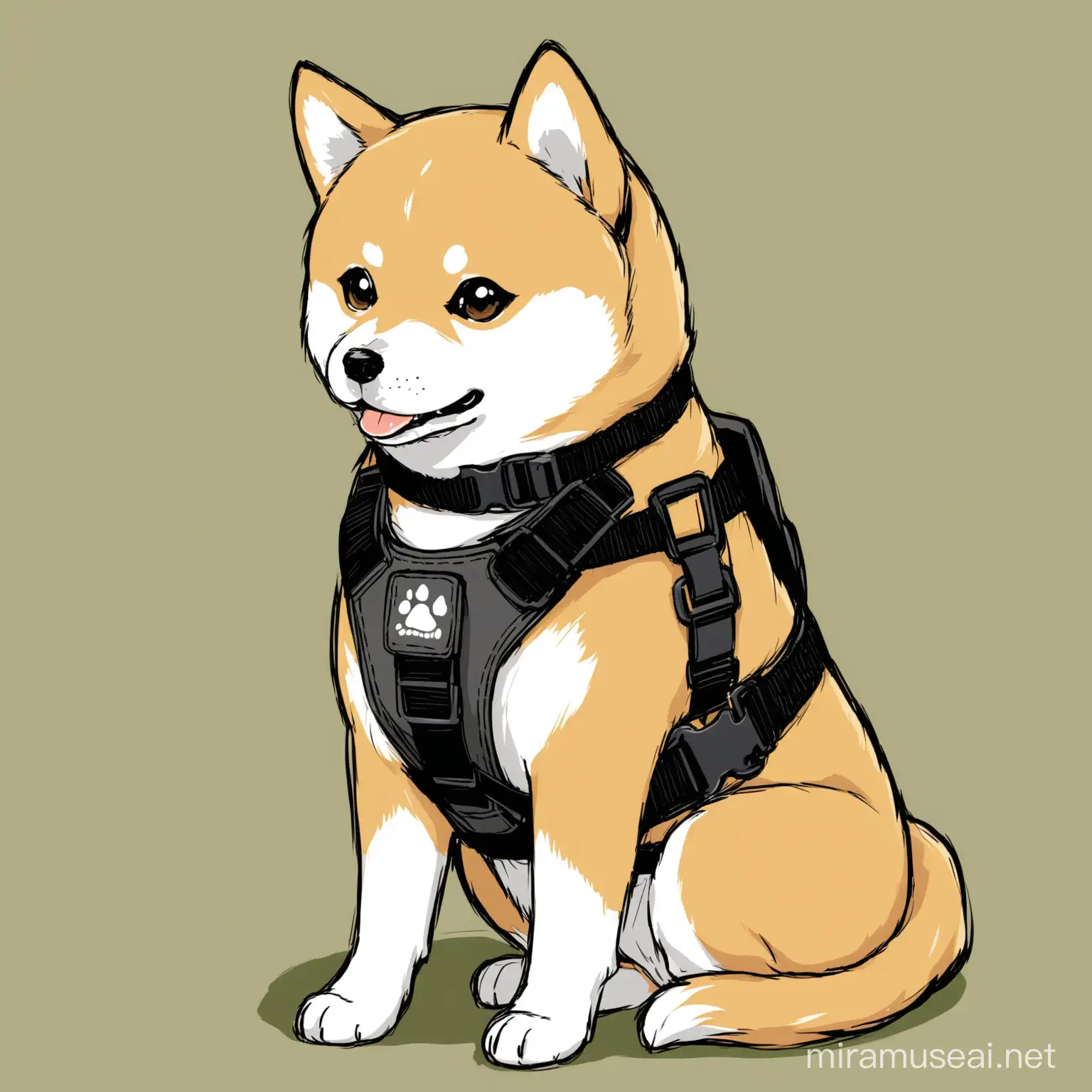 create an adult  shiba inu in a tactical harness and sitting 