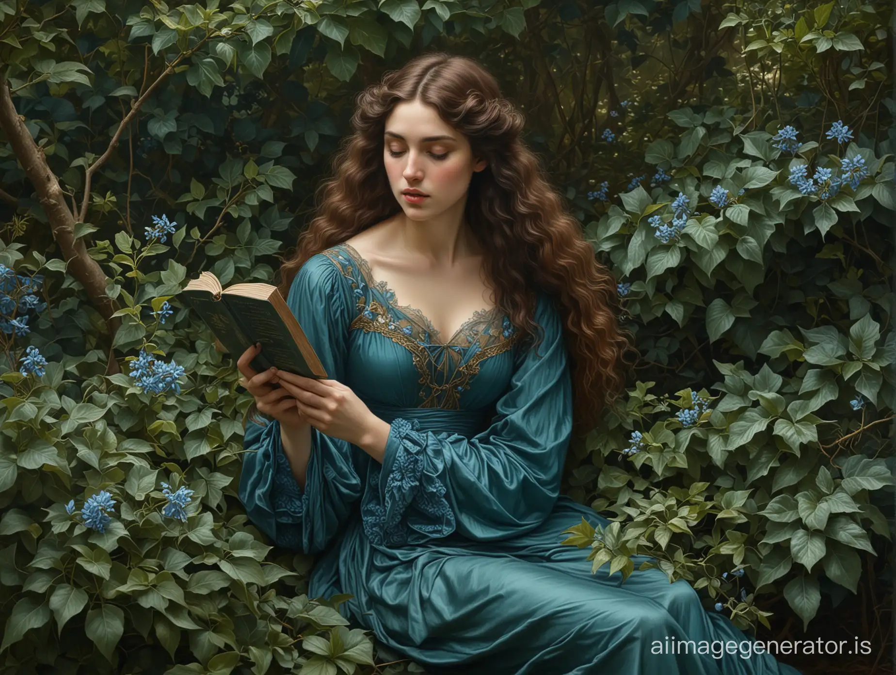 masterpiece, pre-raphaelity paintings, a young women sits in a thicket of hedera, full body, dark hair, diagonal angle, dress of dark turquoise  color, open book, clematis flower in hand, botanical hyperrealism, complex lighting, artist`s style Dante Gabriel Rossetti