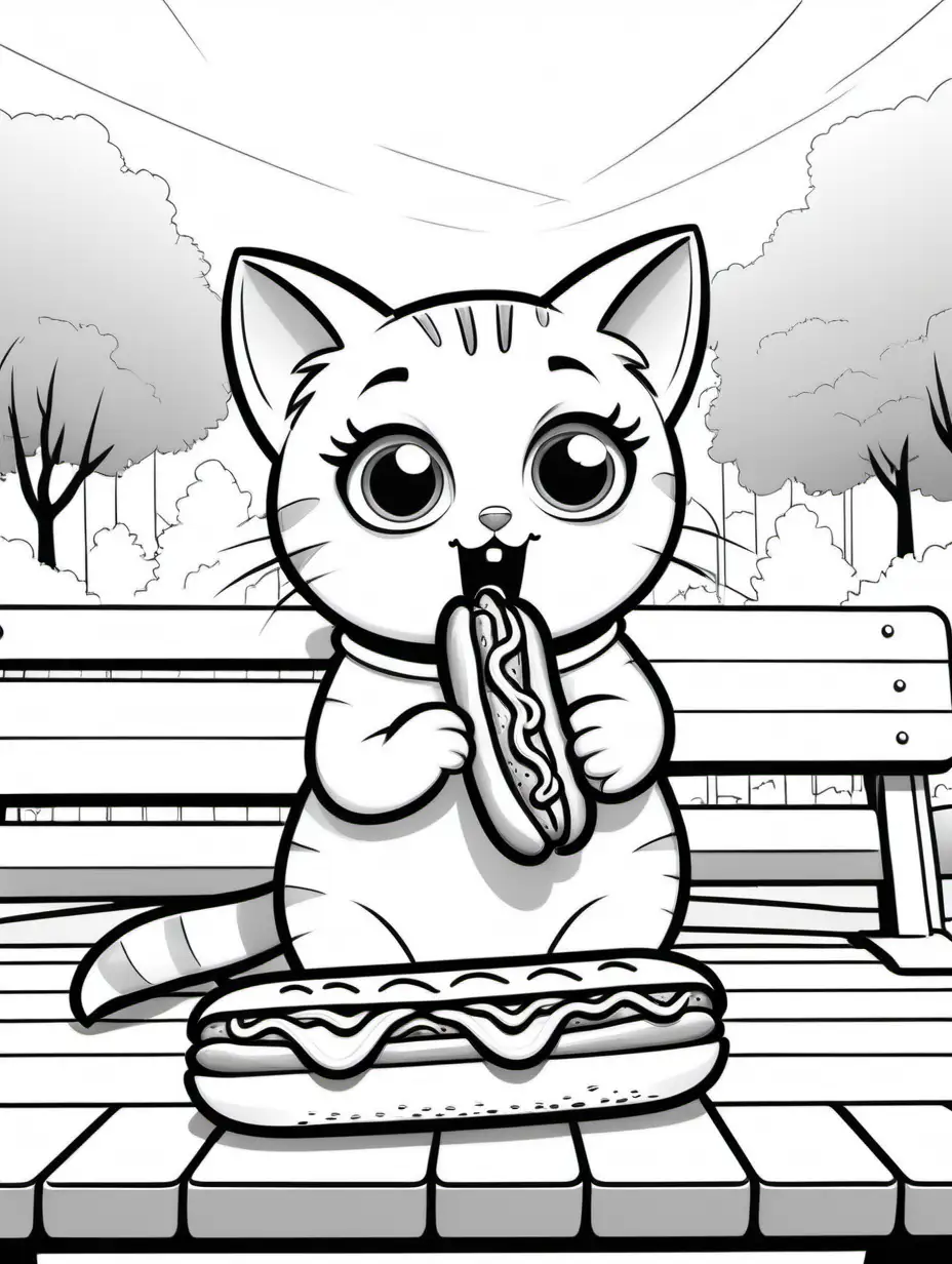 cute cat, eating a hot dog, at a park, big cute eyes, pixar style, simple outline and shapes, coloring page black and white comic book flat vector, white background