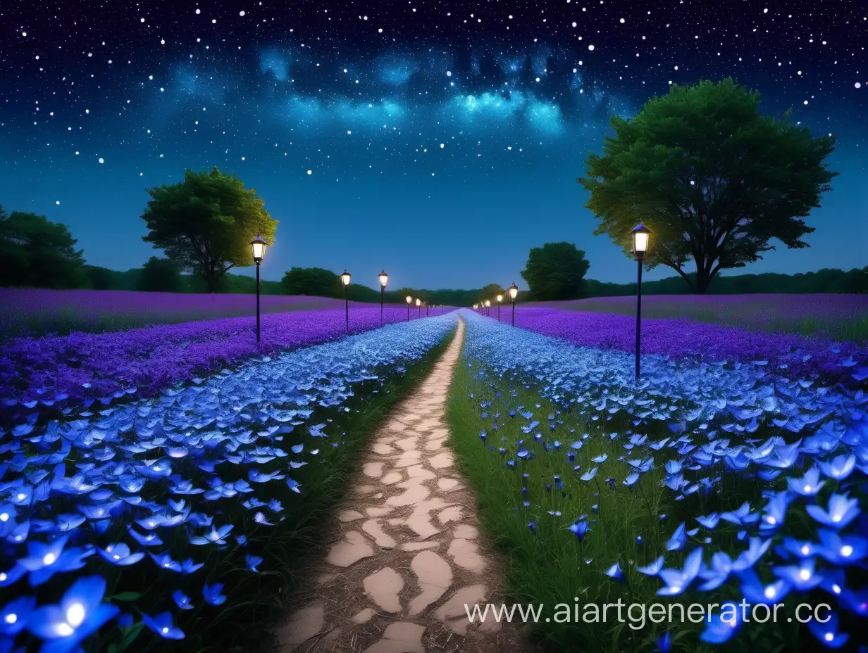 Starry-Night-Path-through-a-Field-of-Blue-Flowers-with-Lanterns