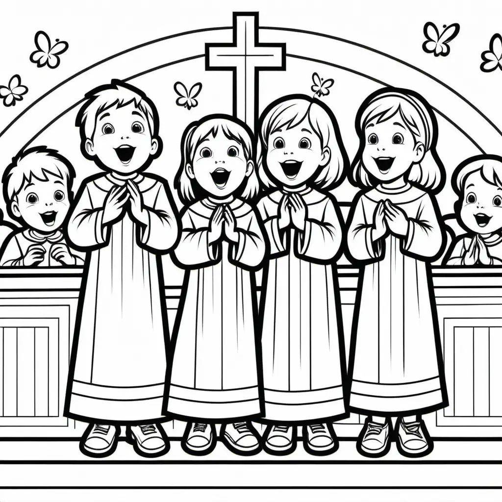 coloring image for kids, solid thick line, children singing on church stage, easter
