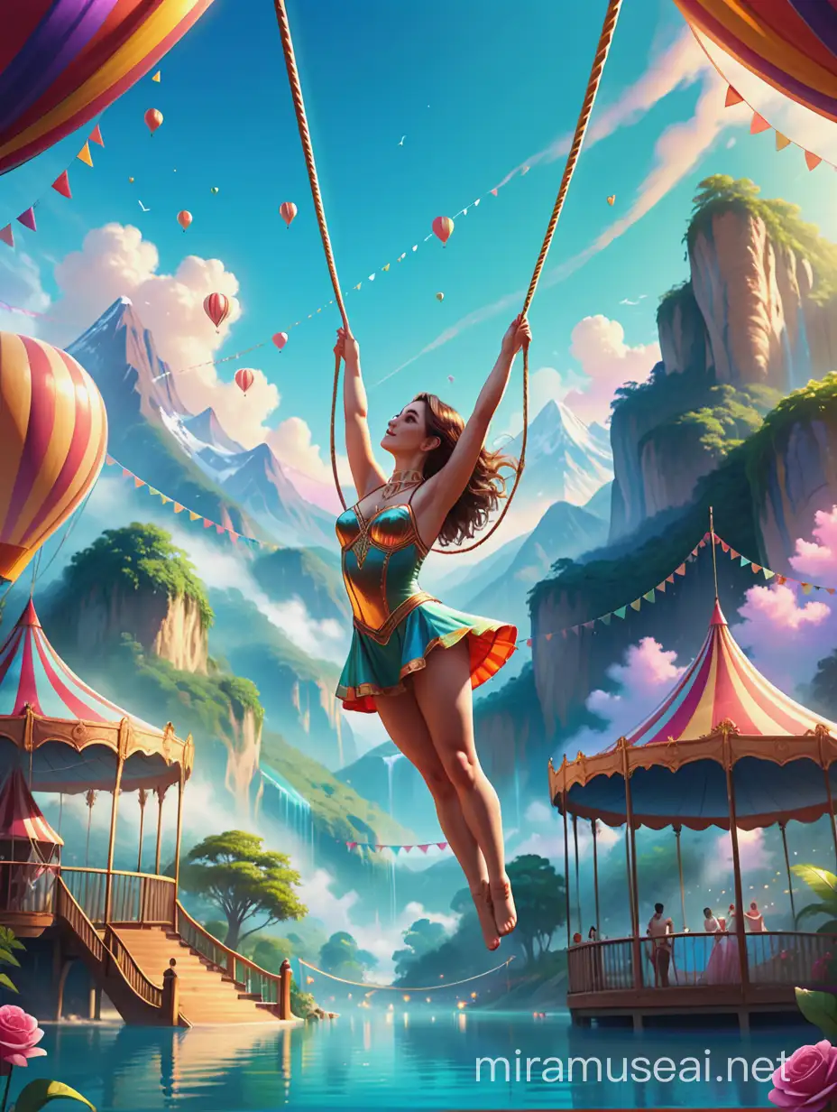  Create a digital art illustration of serene paradise, about a love story of a trapeze artist with the circus. Imagine a landscape bathed in radiant light, with vibrant colours, lush gardens, clear rivers, and majestic mountain background
