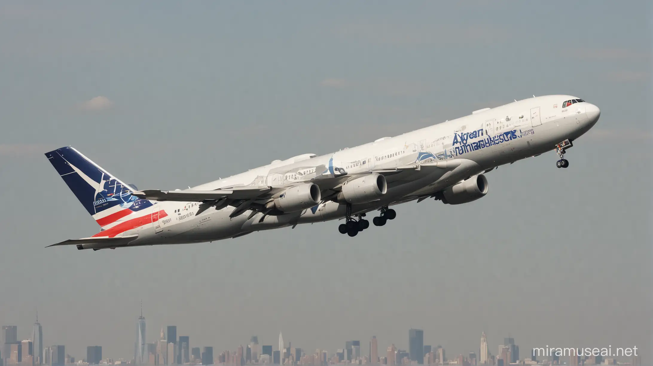 Make me a picture of an Airbus flight in 1970 with the best quality moving in the sky of New York