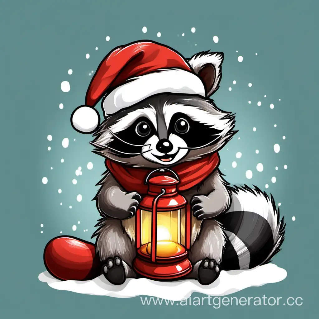 Joyful-Raccoon-Wearing-Santa-Claus-Hat-Illuminating-with-Lantern