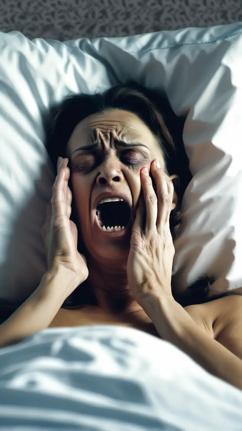 Woman in bed holding her jaw, in pain 4k