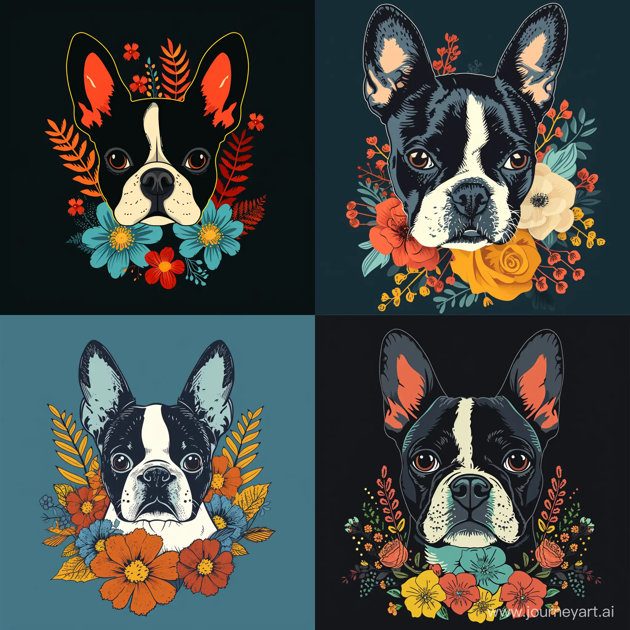 boston terrier vector logo with florals 