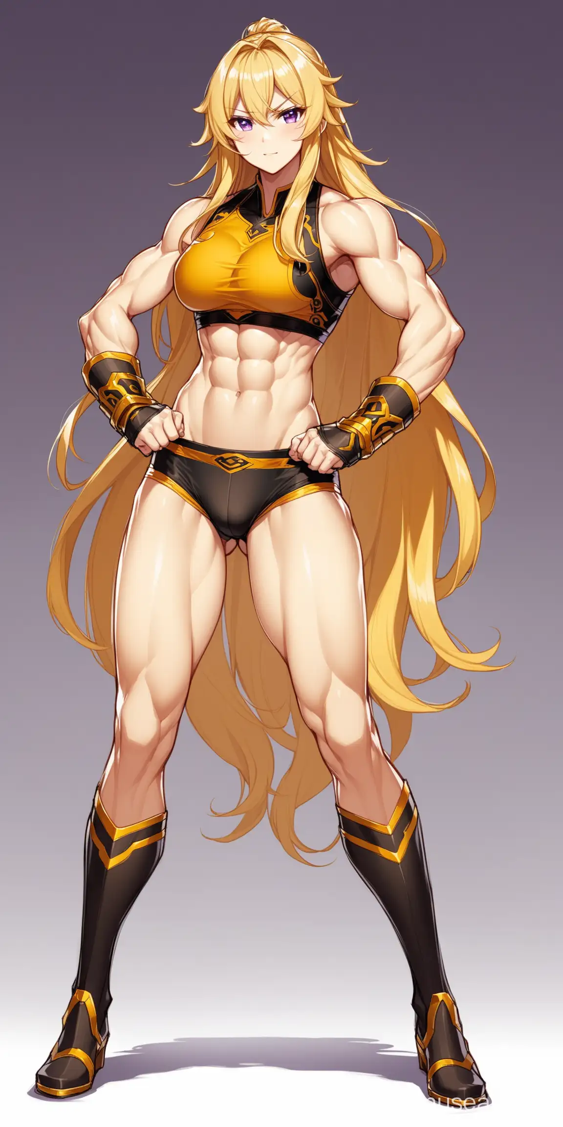 yang xiao long, fair-skinned, tomboy, fit, abs, lilac eyes, Long thick wavy bright golden hair, Strong long legs, big chest, Confident, only underwear, full body, ready to brawl, 