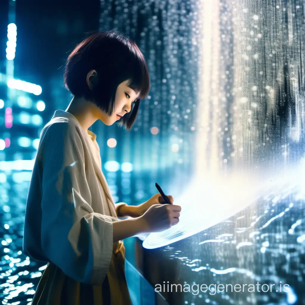 Japanese girl with short hair writing on a virtual screen, background of moving water with small flickering lights turning on