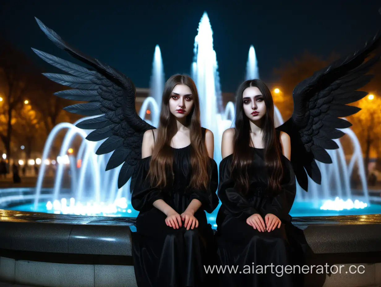 две девушки со средней длиной волос одна с прямыми вторая с волнистыми волосами они демоны армянской и славянской внешности во всем черном с крыльями сидят ночью у фонтана