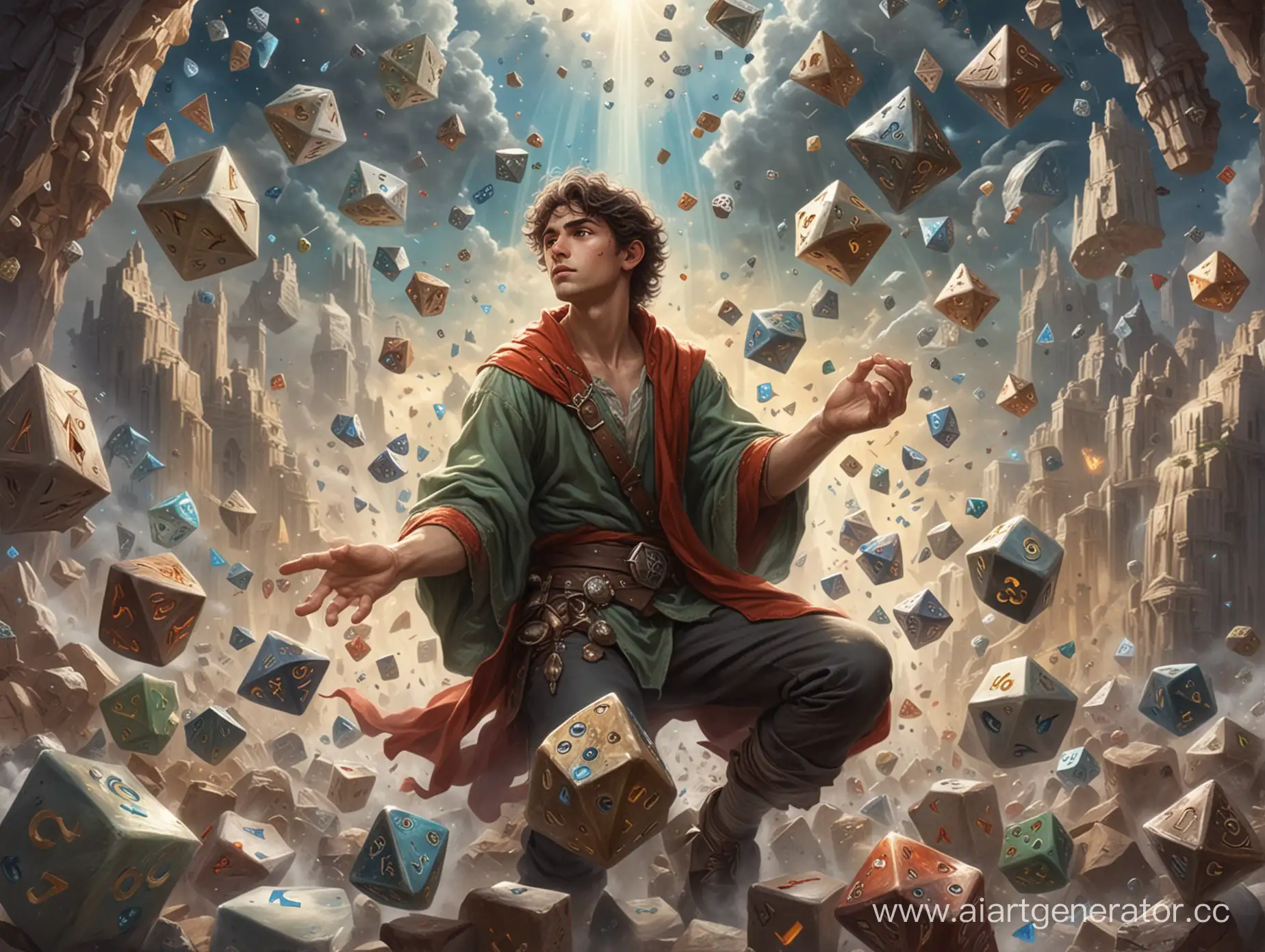 Бог и рассказчик фэнтезийного мира, молодой мужчина, возвышается над героями и кидает двадцатигранные кубики 