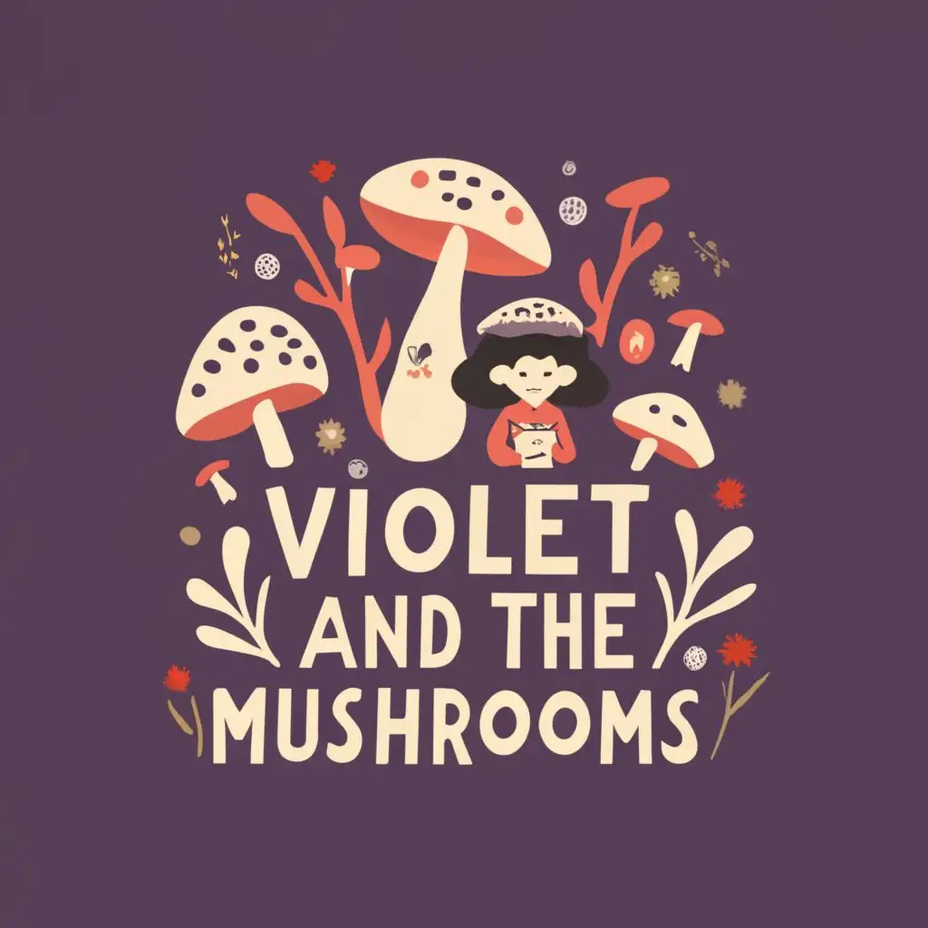 logo, Girl, with the text "Violet and the Mushrooms ", typography