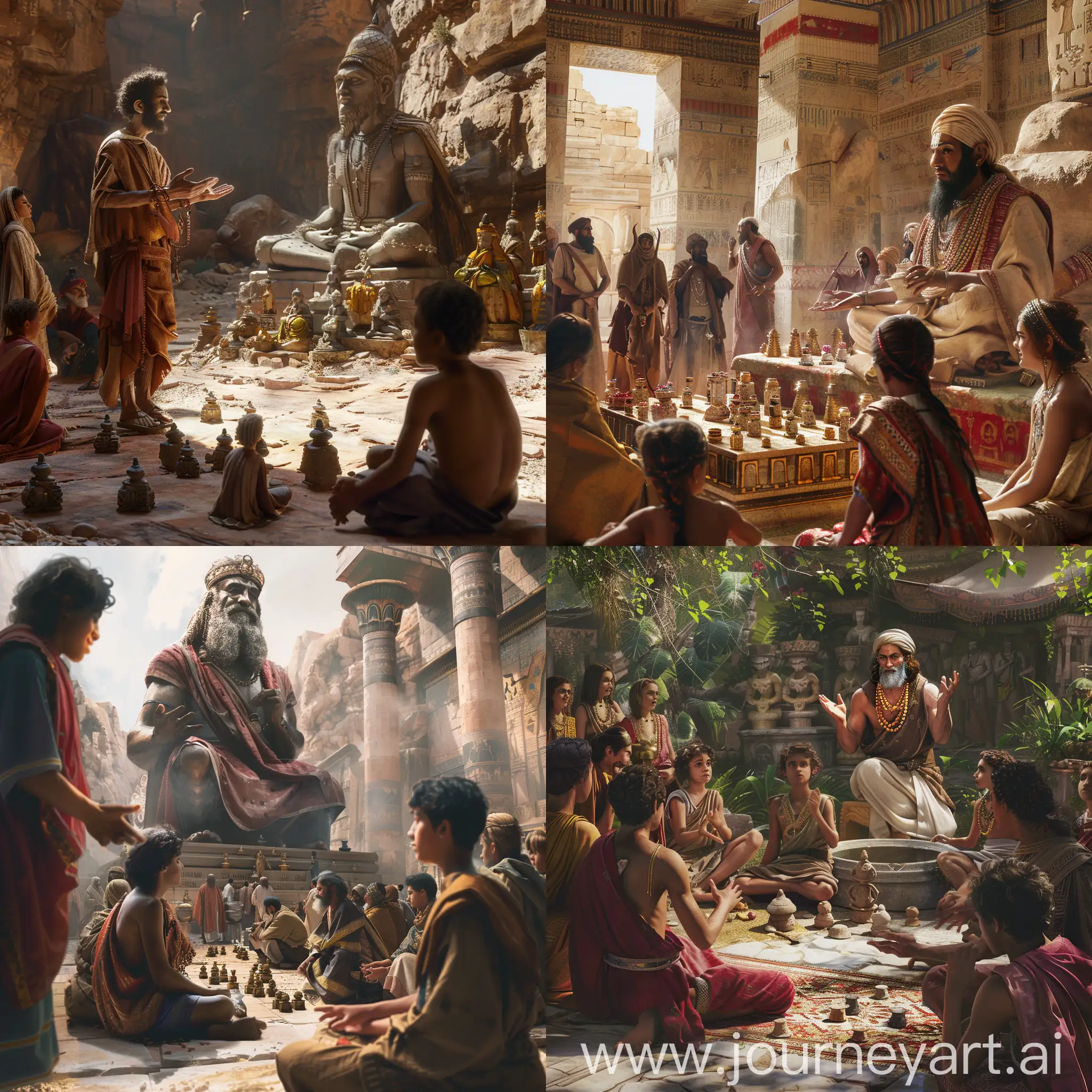 prophet abhraham in his youth explaining people who are near small idols and one big idol, ultrawide shot, cinematic, photorealism 